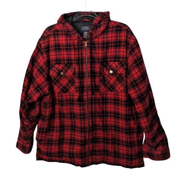 Vintage 90's Y2K Sonoma Red Black Plaid Hooded Shacket Jacket Zip Fully Lined - Picture 1 of 7